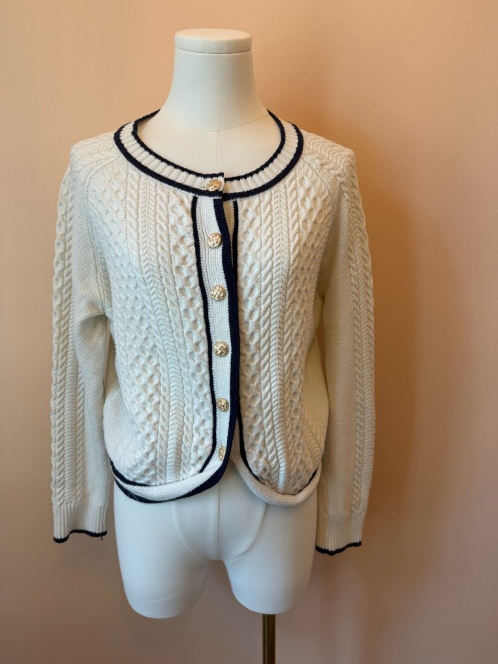 Fate Ivory Cable Knit Cardigan Navy Trim Gold Buttons Size L